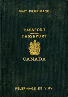 A Passport with the Canadian coat of arms in the middle and text in both French and English identifying the book as a passport for the Vimy Pilgrimage