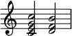  {
\override Score.TimeSignature #'stencil = ##f
\relative c' { 
  \clef treble \time 4/4
  <c e g c>2 <d f b>
} }
