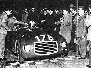 Bruno Sterzi (owner) and Ferdinando Righetti (Ferrari mechanic) drove this 1948 Ferrari 166 S Allemano Spyder s/n 001S at Mille Miglia endurance race in Italia on 2 May 1948. They had entry #178 but did not finish