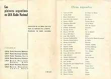 1959 "Los Pintores Argentinos en LRA Radio Nacional" exhibition brochure listing featured artists and corresponding artwork.