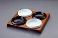 Hors d'oeuvres dishes with wood base (1963)