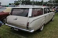 Chrysler AP6 Valiant Safari wagon - later build. Note vertical style tail lights and rear bumper with curved ends that finish against flat body panel. Later build wagons also used sedan rear doors, necessitating revised shaping of rear cargo area side glass, and body trim.