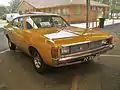 Chrysler VH Valiant Charger XL coupe. Note amber turn signals with park lights below bumper as required by Australian regulations for 1973