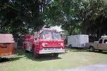 Decommissioned 1973 Ford C-900 fire truck, for sale at a restaurant in Land o' Lakes, Florida - the truck was sold at some point.