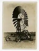 A wind engine applied unusually, to power a plow, in Texas