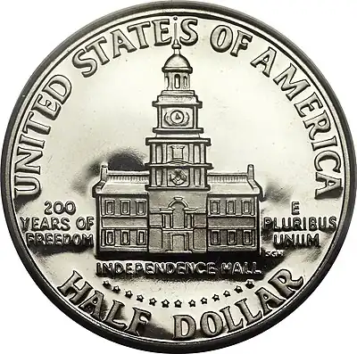 Reverse of the Bicentennial Kennedy half dollar, minted 1975–1976.