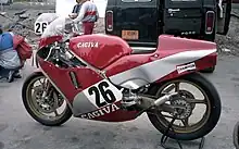 The Cagiva C10V motorcycle, which was ridden by Marco Lucchinelli in the 1985 championship.
