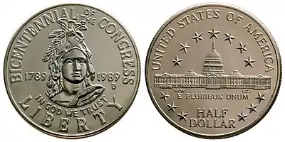 The Capitol appears on the reverse of the 1989 Congress Bicentennial commemorative half dollar