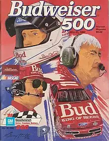 The 1992 Budweiser 500 program cover, featuring Bill Elliott, Junior Johnson. and Tim Brewer.