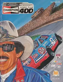 The 1992 Champion Spark Plug 400 program cover, featuring Richard Petty. Artwork by NASCAR artist Sam Bass.