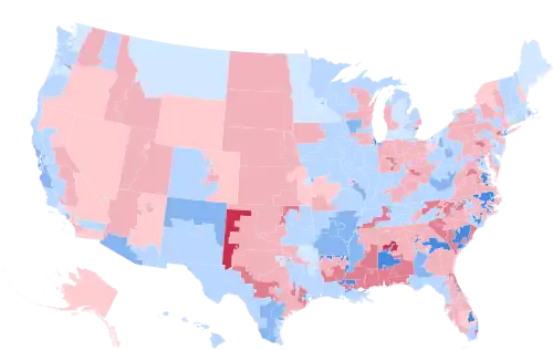 Results by congressional district, shaded according to winning candidate's percentage of the vote