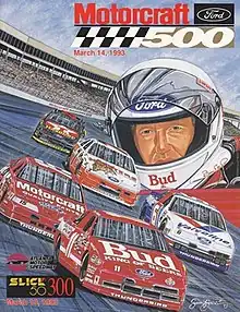 The 1993 Motorcraft Quality Parts 500 program cover, featuring Bill Elliott. Artwork by NASCAR artist Sam Bass.