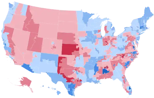 Results by congressional district, shaded according to winning candidate's percentage of the vote.