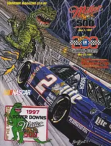 The 1997 Miller 500 program cover, featuring Rusty Wallace and Miles the Monster. Artwork by NASCAR artist Sam Bass.