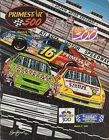 The 1997 Primestar 500 program cover, featuring Ted Musgrave, Bobby Labonte, and Terry Labonte. Artwork by NASCAR artist Sam Bass.