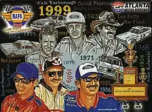 The 1999 NAPA 500 program cover, featuring past champions. The program cover includes Darrell Waltrip, Bill Elliott, Richard Petty, Jeff Gordon, Dale Earnhardt, and Dale Jarrett. "The Last Race of the Century!"