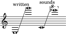 
    {
      \new Staff \with { \remove "Time_signature_engraver" }
      \clef treble \key c \major ^ \markup "written" \cadenzaOn
      e1 \glissando g'''1
      c'1 ^ \markup "sounds" \glissando \ottava #1 ees''''1
    }
  