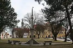 Pillory in the centre of the town square