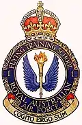 Crest of 1 Flying Training School, Royal Australian Air Force, featuring blue wings surrounding a flaming torch, and the motto "Cogito ergo sum"