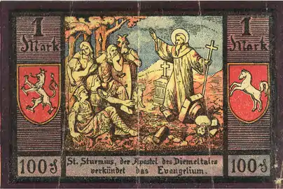 Saint Sturm, Apostle of Saxony, represented on a 1 Mark banknote, 1921.