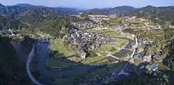 Aerial panorama of Chengyang, a scenic area in Sanjiang