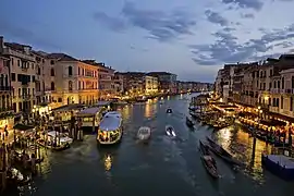 The Grand Canal in Venice, Italy, shot at night from Rialto Bridge