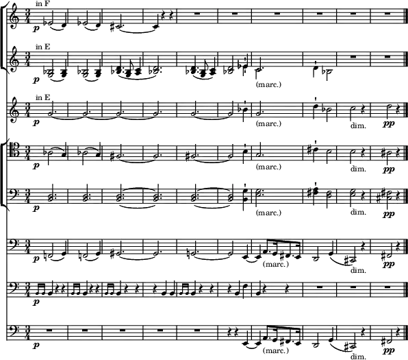  {<<
 \new ChoirStaff <<
  \new Staff \with{ \magnifyStaff #3/4 } \relative c' { 
   \key c \major \clef treble \set Score.tempoHideNote = ##t \tempo 4 = 60 \time 3/4 \set Staff.midiInstrument = #"trumpet" \transposition f'^"in F"
    \p \grace {s16 s} ees2( d4) | ees2( d4) | cis2. ~ cis4 r r | R2. | R | R | R | R | R
   }
  \new Staff \with{ \magnifyStaff #3/4 } <<
   \new Voice \relative c' { \override Hairpin.minimum-length = #3
    \key c \major \clef treble \set Staff.midiInstrument = #"trumpet" \transposition e'^"in E"
     \p \grace {s16 s} \hide \pp <g bes>2( <bes g>4) | <g bes>2( <bes g>4) | <bes d>4.( <g bes>8 <a c>4 | <bes d>2.) |<bes d>4.( <g bes>8 <a c>4 ) | <bes d>2 ees4-! | c2._"(marc.)" | s2. | R | R
    } 
   \new Voice \with{ \magnifyStaff #3/4 } \relative c' { \stemDown
    \hide \p \grace {s16 s} s2. | s | s | s | s | s2 ees4-! | c2. | d4-! bes2 | R2. | R2. \bar "|."
   } >> >>
  \new Staff \with{ \magnifyStaff #3/4 } \relative c' {
   \key c \major \clef treble \set Staff.midiInstrument = #"trombone" \transposition e^"in E"
   \p \grace {s16 s} \hide \pp g'2. ~ g ~ g ~ g | g ~ g2 bes4-! | g2._"(marc.)" | d'4-! bes2 | c2_"dim." r4 | \pp d2 r4 
   }
 \new ChoirStaff <<
  \new Staff \with{ \magnifyStaff #3/4 } \relative c' {
   \key c \major \clef tenor \set Staff.midiInstrument = #"trombone"
    \p \grace {s16 s} aes2( g4) | aes2( g4) | fis2. ~ fis | fis ~ fis2 b4-! | g2._"(marc.)" | cis4-! b2 | b2_"dim." r4 | \pp ais2 r4
   }
  \new Staff \with{ \magnifyStaff #3/4 } \relative c' {
   \key c \major \clef bass \set Staff.midiInstrument = #"trombone"
    \p \grace {s16 s} \hide \pp <b, d>2. | <b d> | <b d> ~ <b d> | <b d> ~ <b d>2 <b g'>4-! | <e g>2._"(marc.)"  | <fis a>4-! <d fis>2 | <e g>_"dim." r4 | \pp <cis fis>2 r4
   } >>
  \new Staff \with{ \magnifyStaff #3/4 } \relative c' {
   \key c \major \clef bass \set Staff.midiInstrument = #"trombone"
    \p \grace {s16 s} \hide \pp f,,!2( g4) | f!2( g4) | gis2. ~ gis | g! ~ g2 e4 ~ e a8._"(marc.)"[ g16 fis8. e16] | d2 g4( | cis,2_"dim.") r4 | \pp fis2 r4
   }
  \new Staff \with{ \magnifyStaff #3/4 } \relative c' {
   \key c \major \clef bass \set Staff.midiInstrument = #"timpani"
    \p \grace {b,16 b} b4 r r | \grace {b16 b} b4 r r | \grace {b16 b} b4 r r | r b b | \grace {b16 b} b4 r r | r b f' | b, r r | R2. | R | R
   }
  \new Staff \with{ \magnifyStaff #3/4 } \relative c' {
   \key c \major \clef bass \set Staff.midiInstrument = #"tuba"
    \p \grace {s16 s} R2. | R | R | R | R | r4 r e,, ~ e a8._"(marc.)"[ g16 fis8. e16] | d2 g4( cis,2_"dim." ) r4 | \pp fis2 r4
   }
 >>  }
\layout { line-width = #150 }
