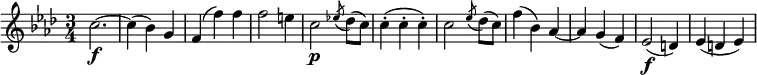  { \tempo 4 = 150 \set Score.tempoHideNote=##t \set Staff.midiInstrument = "violin" \relative c'' { \key f \minor \time 3/4
c2.~ \f| c4( bes) g | f4( f') f | f2 e4 | c2 \p \acciaccatura es!8 des8( c) | c4-.( c-. c-.) |
 c2 \acciaccatura es8 des8( c) | f4( bes,) as~ | as4 g( f) | es2( \f d4) | es4( d es) }} 