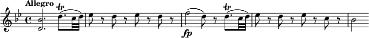 
\relative c'' {
  \override Score.NonMusicalPaperColumn #'line-break-permission = ##f
  \key bes \major
  \tempo "Allegro"
  <bes d,>2. d8.\trill( c32 d) |
  es8 r d r es r d r |
  f2\fp( d8) r d8.\trill( c32 d) |
  es8 r d r es r c r |
  bes2
}
