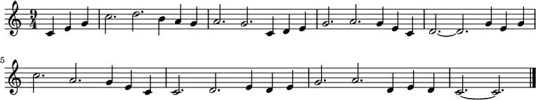 
 \relative c' {\set Staff.midiInstrument = #"oboe" \set Score.tempoHideNote = ##t \tempo 4 = 150
   \key c \major
   \time 9/4
  \partial 4*3 c4 e g
  c2. d b4 a g a2. g c,4 d e g2. a g4 e c d2. ~ d g4 e g
  c2. a g4 e c c2. d e4 d e g2. a d,4 e d c2. ~ c
  \bar "|."
  }
 