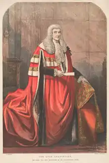 Full length portrait of Cranworth wearing ceremonial robes and long wig (colour engraving)