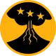 On a yellow disk 3 1/4 inches in diameter with a 1/8 inch edge, a conventionalized black volcano emitting smoke, the volcano charged with three yellow mullets in fess.