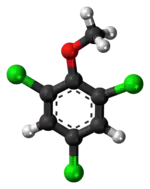 Ball-and-stick model of the 2,4,6-trichloroanisole molecule