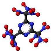 Ball-and-stick model of the 2,4,6-tris(trinitromethyl)-1,3,5-triazine molecule