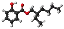 Ball-and-stick model of the octyl salicylate molecule