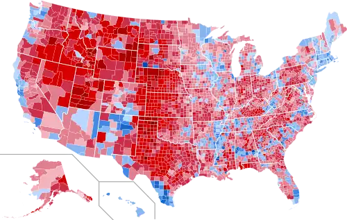 Results by county, shaded according to winning candidate's percentage of the vote.