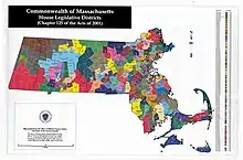 Map of the 160 districts of the Massachusetts House of Representatives apportioned in 2001