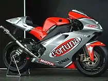 The Fortuna Yamaha YZR-M1, ridden by Carlos Checa in the 2003 season on display.