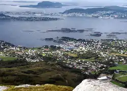 View of Langevåg (looking towards the town of Ålesund, administrative center of the neighbouring municipality)