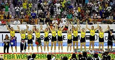 A photograph of the Australian National women's basketball team which won the 2006 FIBA World Championship for Women in basketball