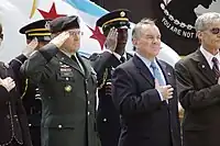 Chief of Staff of the United States Army Gen. George W. Casey, Jr. and Chicago Mayor Richard M. Daley recite the Pledge of Allegiance during May 24, 2008 Memorial Day wreath-laying ceremony at Daley Plaza.