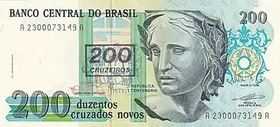 A NCz$200 note overstamped as Cr$200
