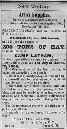 Newspaper advertisement placed by the regimental quartermaster