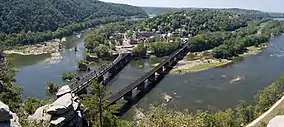 Aerial view of Harpers Ferry from Marland Heights at the confluence of the Shenandoah and Potomac rivers