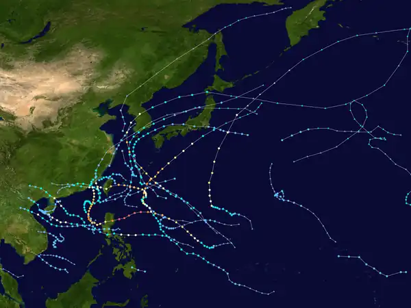 Map showing the paths of multiple storms represented by several dotted lines. Each dot denotes the storm's position at six-hour intervals, while its color denotes the storm's intensity at that position.