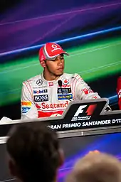Lewis Hamilton speaking to the media in a press conference