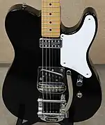 Closeup of Squier.  Note traditional Telecaster single coil pickup and stock Bigsby vibrato.