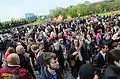 Victory Day in Donetsk, people with St. George's Ribbon, used by pro-Russian civilians as a patriotic symbol, 9 May 2014.
