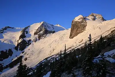 Anniversary Peak (left), with Hound's Tooth/Marmolata Spire to right.