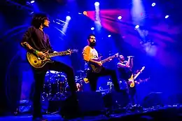 Periphery performing in 2015.Left to right: Mark Holcomb, Jake Bowen, Spencer Sotelo, Adam Getgood, Misha Mansoor
